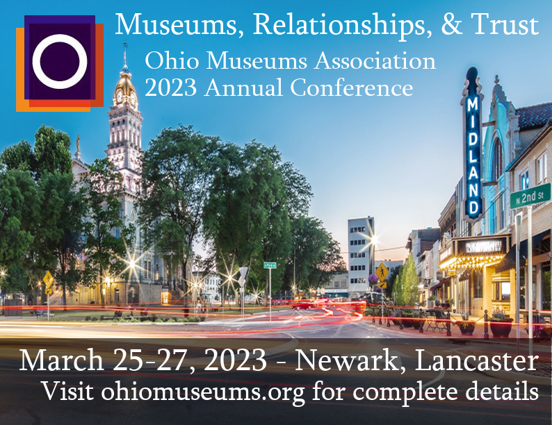 Background showing city center of Newark, Ohio with copy Call for Session Proposals - OMA 2023