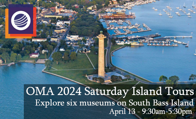 Arial image of Put-In-Bay with Perry's Monument in the middle with text, "OMA 2024 Saturday Island T