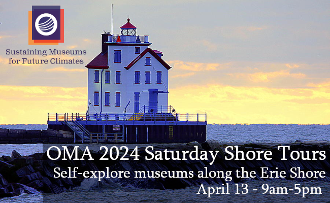 Sunset image of the Lorain Lighthouse with text, "OMA 2024 Saturday Shore Tours"