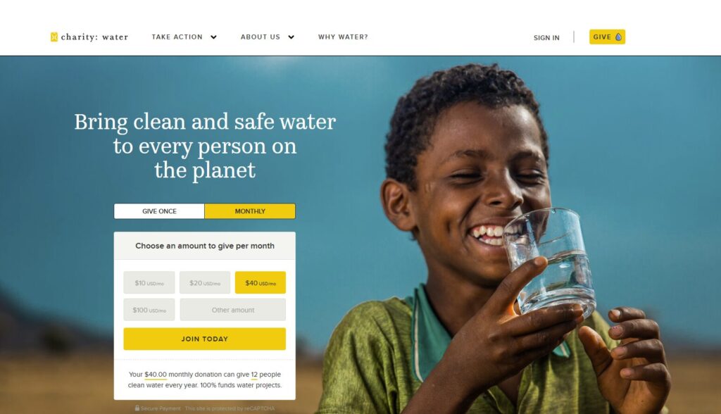 Alt: A screenshot of the charity:water online donation form