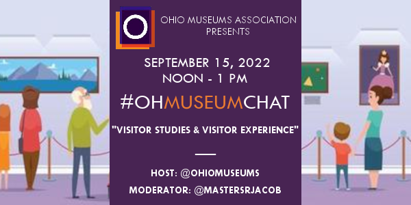 Background with cartoon people looking at art in a gallery. OMA logo with the text "Ohio Museums Ass