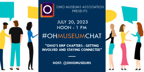 Background with cartoon people chatting with eachother.  OMA logo with text July 20, 2023 #OHMuseumC