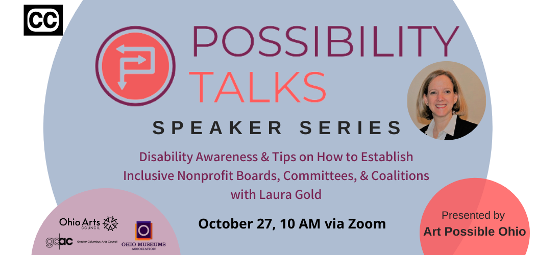 Large blue circle with text, "Possibility Talks Speaker Series" and webinar title, date and time, wi