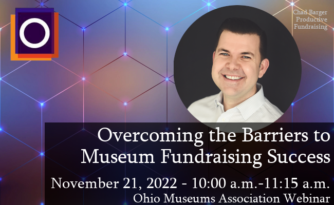 Graphic with OMA logo in corner and image of Chad Barger with text "Overcoming the Barriers to Museu