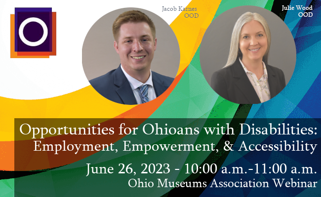 Graphic with OMA logo in corner and image of Jacob Karnes and Julie Wood with the text, "Opportuniti